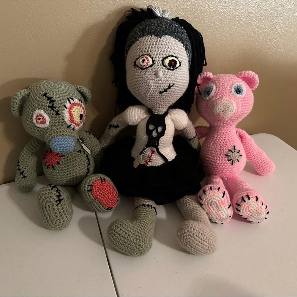 Hand made crochet zombie doll with Skeleton dress